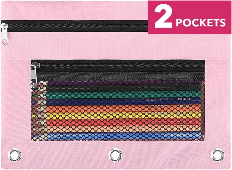 ASBEFORE Pink Pencil Pouch for 3 Ring Binder - Zipper Pencil Case Bag Holder Bulk Accessories, Small Clear Window Aesthetic Organizer Pockets 3 Hole School Essentials - Image 1